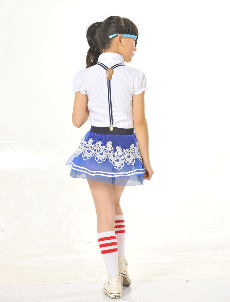 夏季儿童白色衬衣蓝短裙领结背带校服女童演出