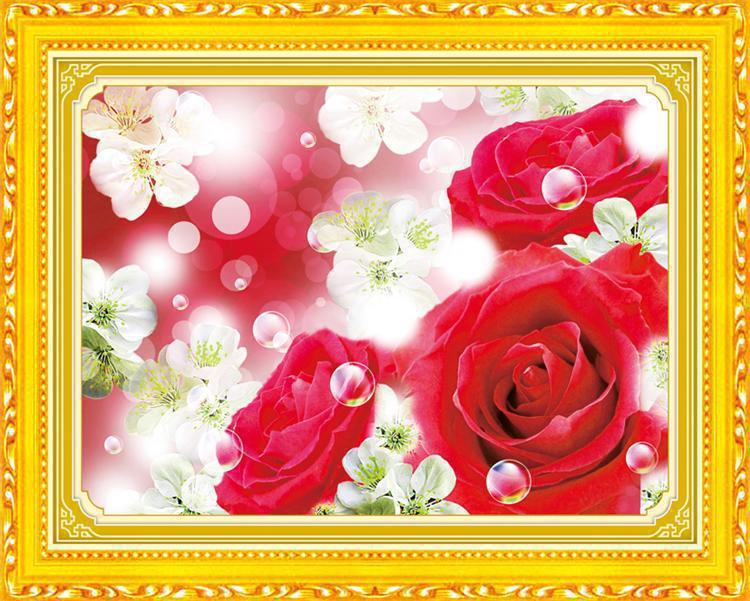 最新款 5d钻石画粘贴钻画砖石秀水晶圆钻书房3diy 盛开花浪漫玫瑰