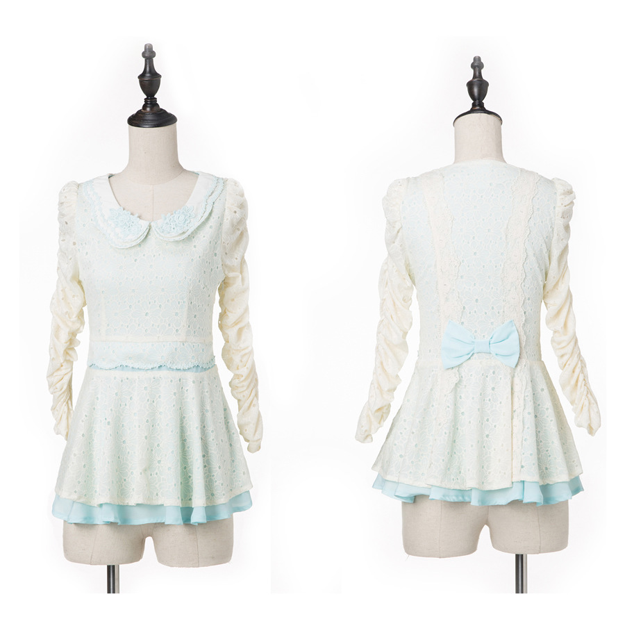 2014秋冬热卖甜美娃娃领堆堆袖长袖高腰修身双层下摆蕾丝衫9268