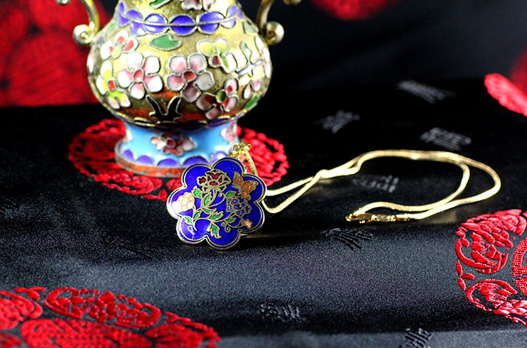 景泰蓝经典藏品 正宗北京景泰蓝项链,烤瓷项链 吊坠搭配金链