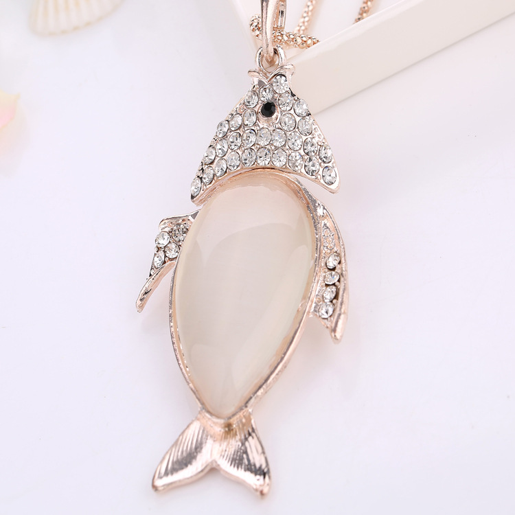 欧美风服装配饰 小鱼形状毛衣链 玉石镶钻长款时尚项链 义乌批发