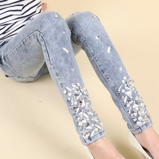 女式牛仔裤批发 新款小脚裤铅笔裤 手工钻石韩版潮显瘦宝石长裤子