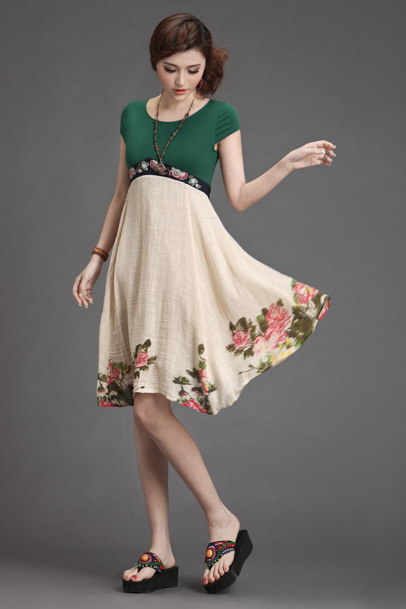 2014新款民族风夏装正品女棉麻拼接修身气质连衣裙 0302