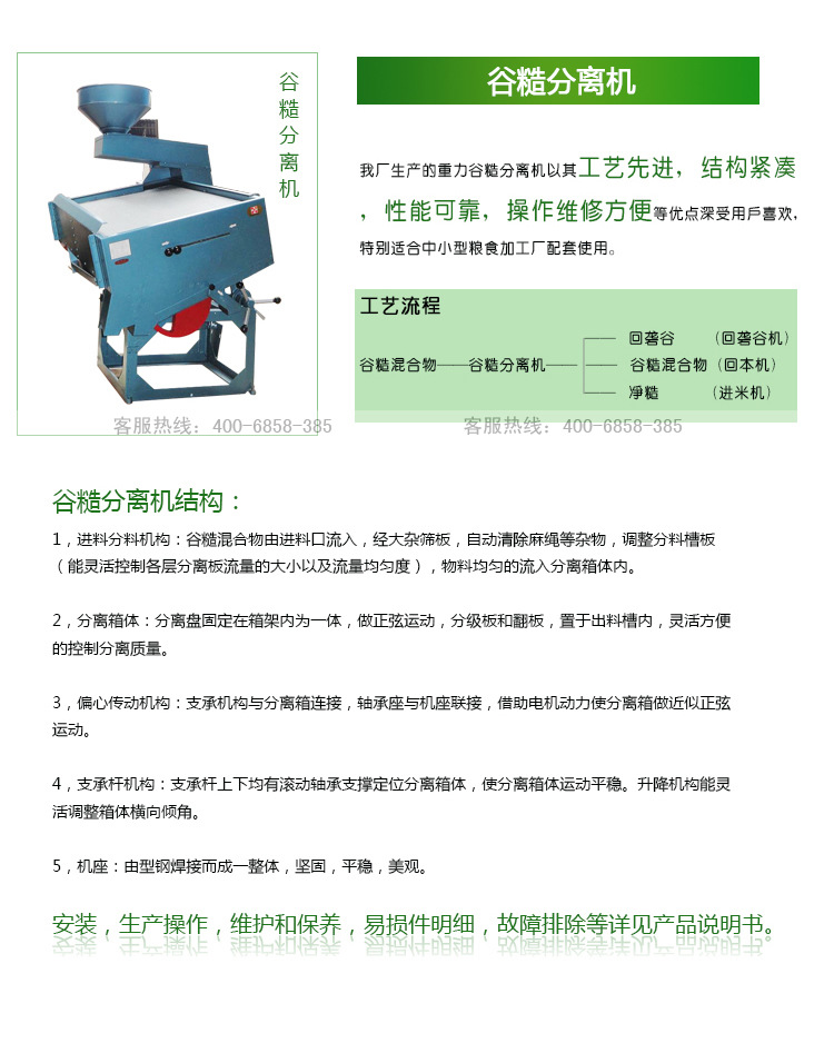 适合加工各种稻谷,将稻谷脱壳成糙米,并完成粗糠,风尾谷的分离