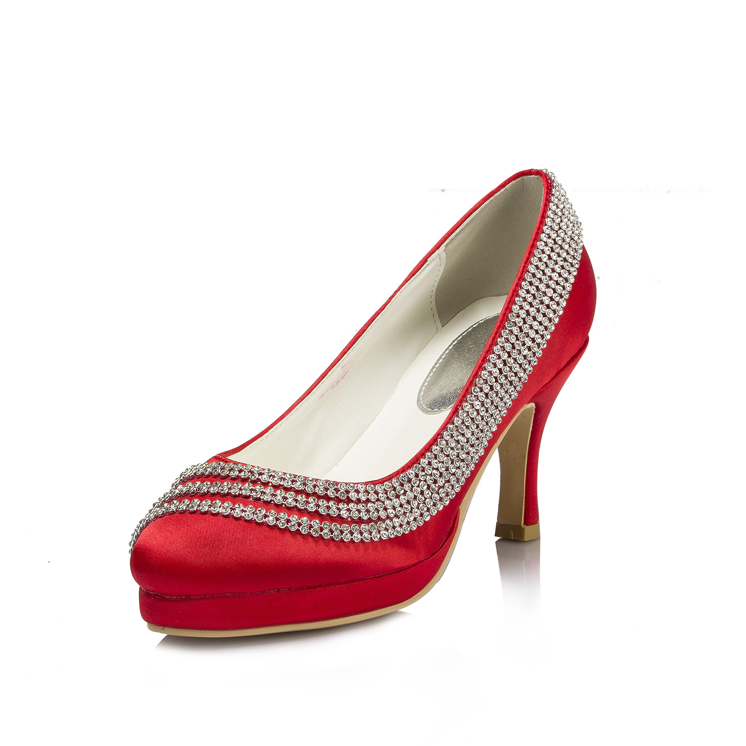 新品圆头细跟女士丝绸红色婚鞋 时尚单鞋