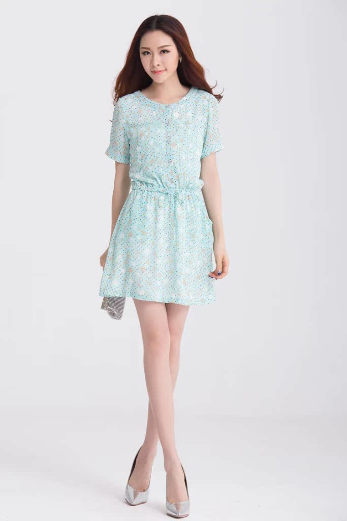 5月qyn3516 大码女装夏装新款圆点绑绳雪纺修身短袖连衣裙