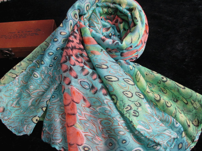 孔雀蓝绿羽毛巴厘纱 围巾丝巾披肩厂家批发