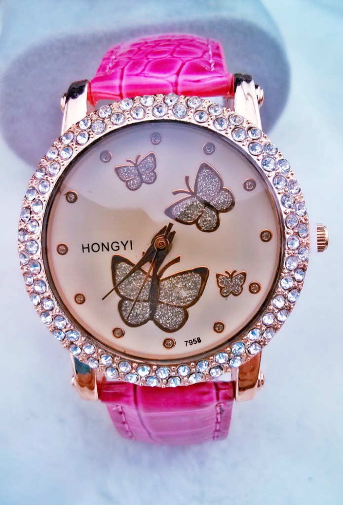 a蝴蝶镶钻表盘女士皮带石英指针手表,女表 厂家直销#9