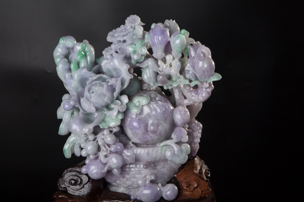 缅甸玉天然翡翠a货 糯种带紫花鸟翡翠摆件 硕果累累 可出证书