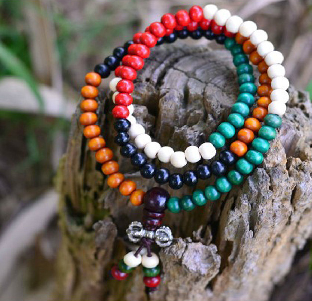 复古五彩檀木108七彩念珠时尚民族风情侣木质金刚杵佛珠手串手链