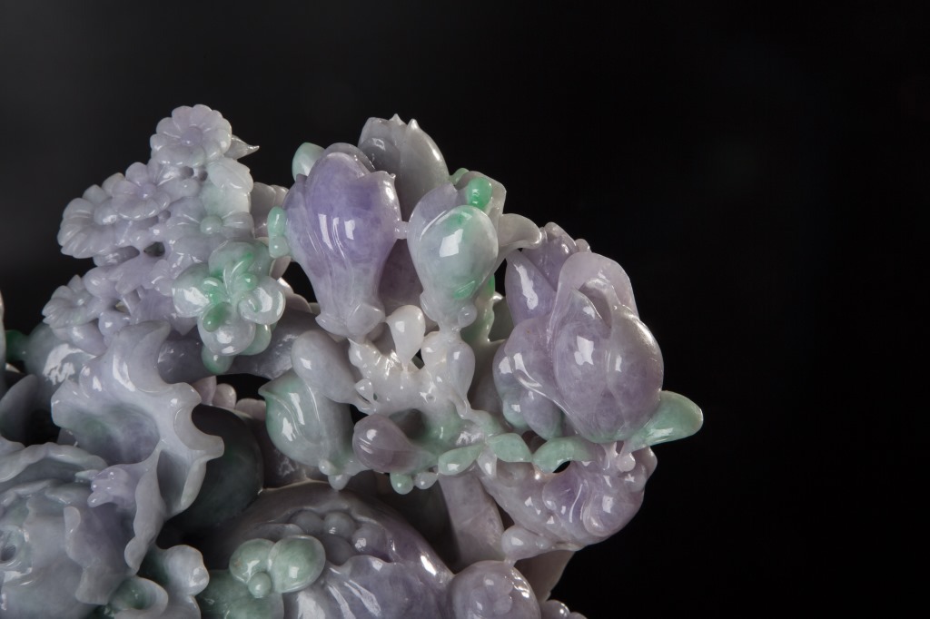 缅甸玉天然翡翠a货 糯种带紫花鸟翡翠摆件 硕果累累 可出证书