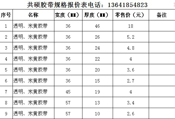 透明胶带厚度对照表图片