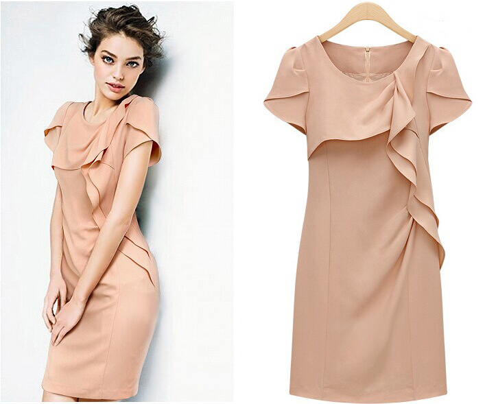 淘宝代理货源欧美外贸女装大码花瓣袖甜美ol职业通勤连衣裙子批发