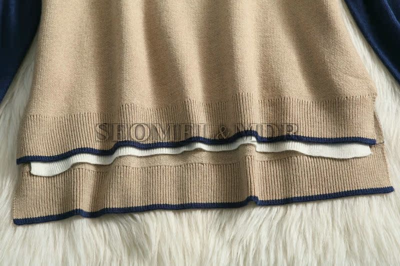 欧美女装 2014早春新款通勤撞色长袖前短后长毛衣修身上衣010213