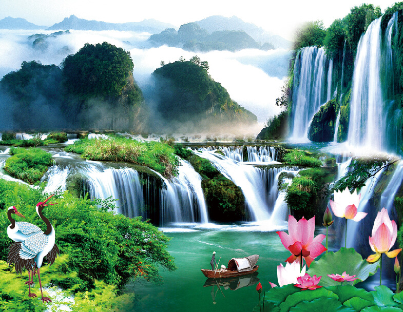 大型壁画中式山水风景壁画系列厂家定制个性化沙发背景墙无缝壁画