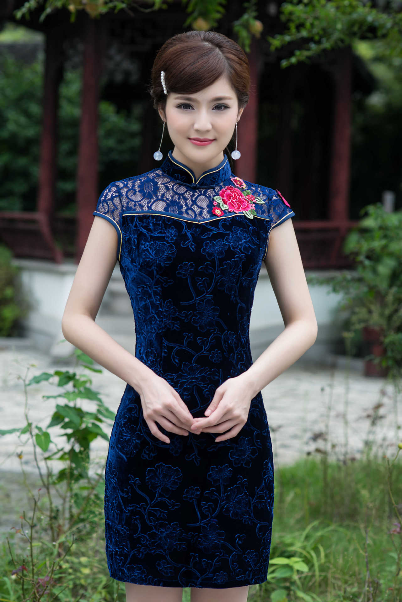 2014时尚中式蓝色压花纱网丝绒短旗袍 性感蕾丝镂空连衣裙女旗袍