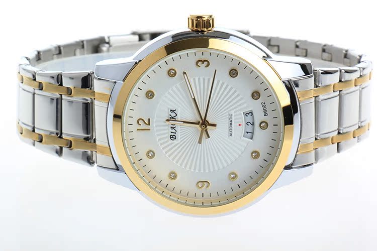 标卡品牌 间金版 油压立体钻面钢带防水日历 自动机械表 男士手表