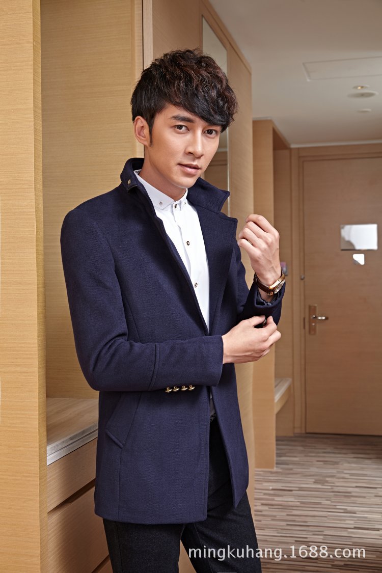 韩版男西装2014秋冬新款毛呢西装男士中长款修身男外套休闲男西服
