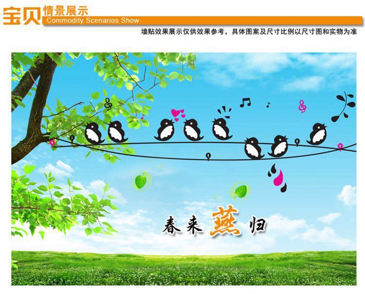 厂家直销小鸟唱歌ay7019墙纸 环保优质pvc透明 第三代可移除墙贴