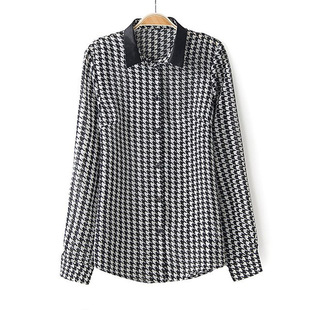 春秋装韩版新款 拼皮镶边千鸟格雪纺衬衫衬衣女 140104