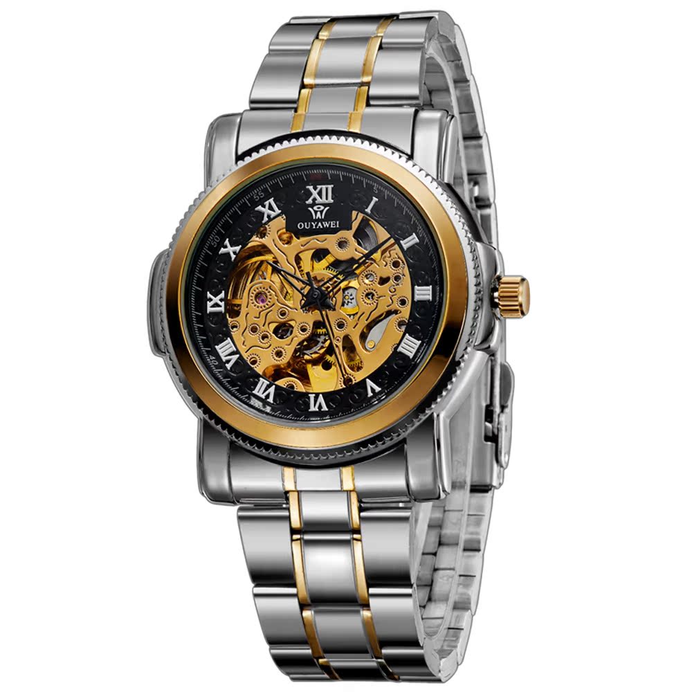 ouyawei欧亚威自动手表钢带防水运动手表男士镂空机械手
