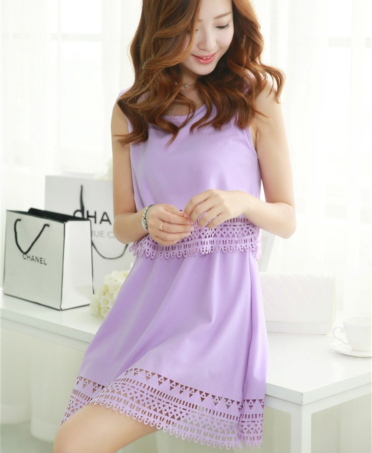 时尚经典领细麻雪纺压花镂空无袖园领假两件米粉淡蓝紫色连衣裙