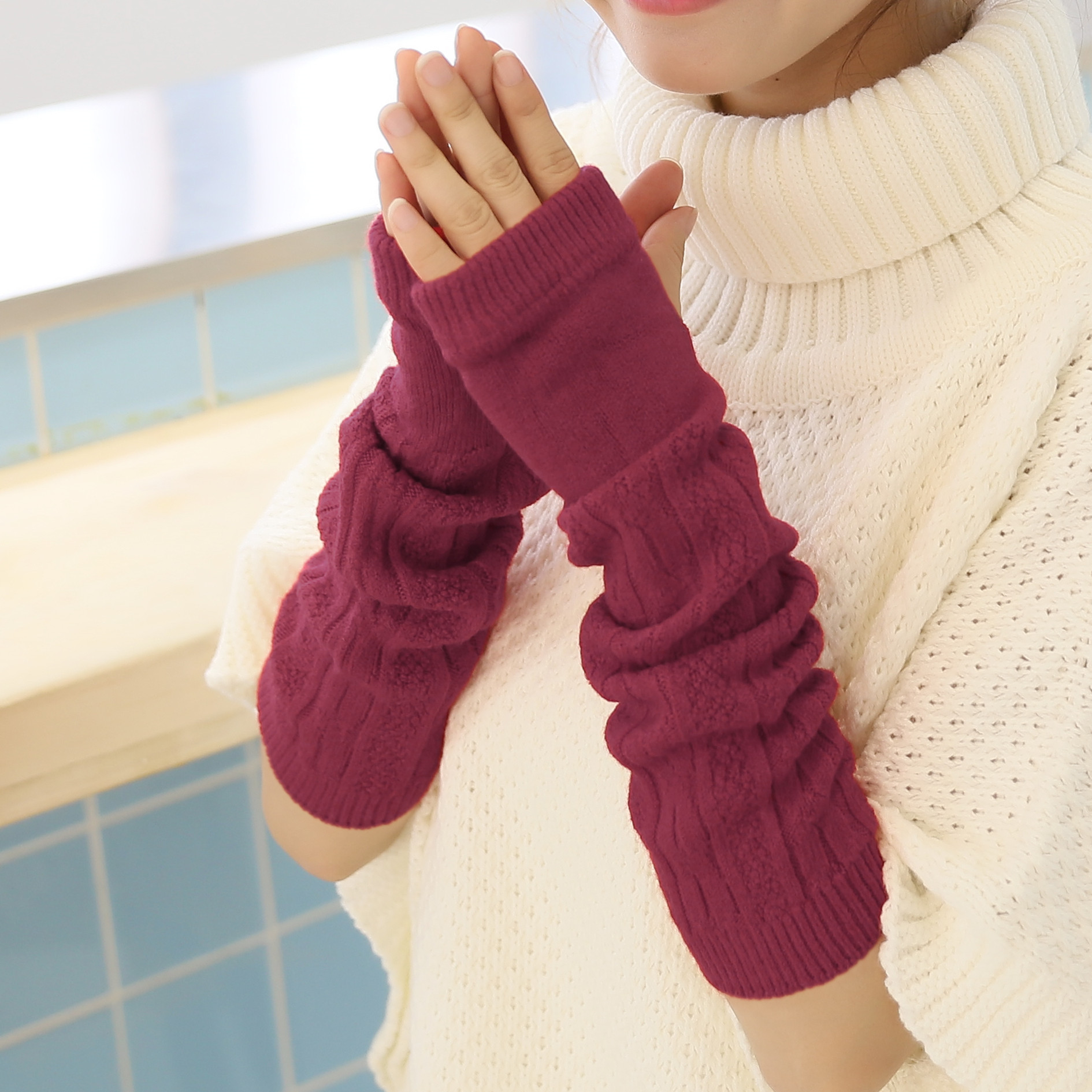 2014新款 女生长款针织无指手套 超长款手套 腕套手臂套批发