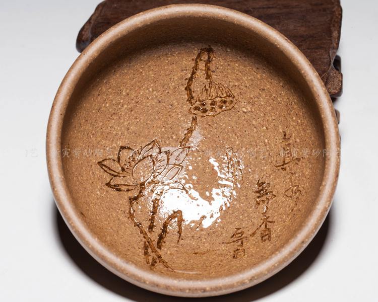 宜兴 紫砂杯 石丁 段泥 淡月杯 刻荷花 全手工 100cc