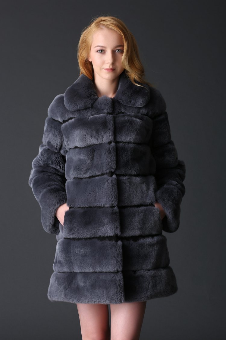 2014冬新款ol通勒中长款翻领獭兔皮草外套女 欧美风皮草大衣批发