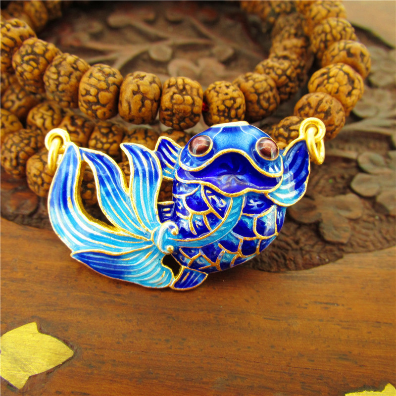 云意坊*纯银烧蓝 单面大金鱼 毛衣链 多孔吊坠 珐琅景泰蓝银配件