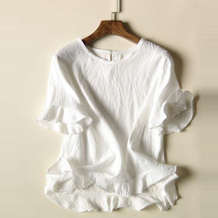 欧洲原单女装正品 欧美圆领花瓣袖纯色修身麻棉t恤 夏季新款