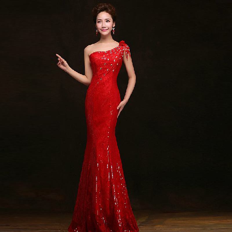 韩版热卖婚纱礼服 雪纺优雅红色蕾丝花正式拖地连衣裙 斜肩晚礼服