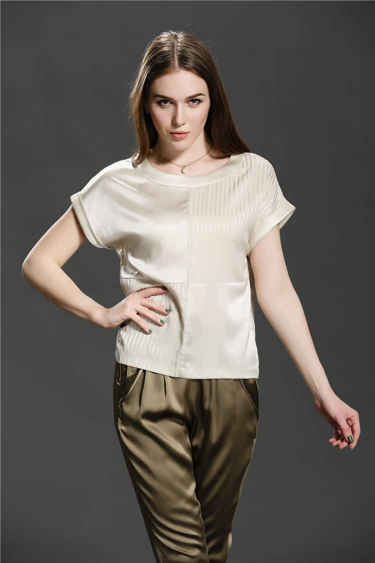 新款夏季名媛真丝短袖t恤女 欧洲站高端女装真丝短袖上衣打底衫图片