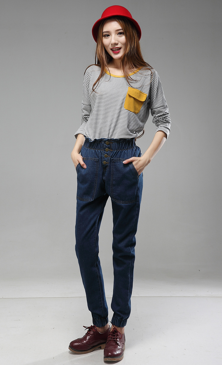 早秋新显瘦松紧腰哈伦牛仔裤 女 大口袋休闲束脚牛仔长裤 宽松 潮