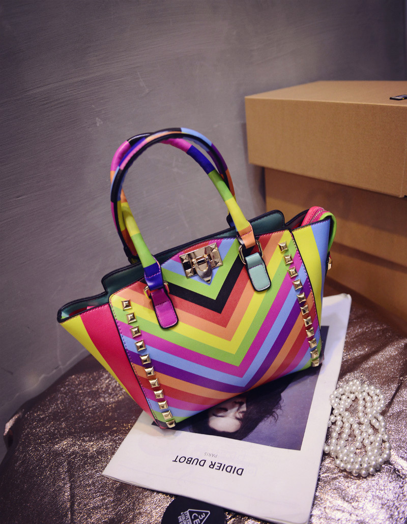 2015新款韩版撞色七彩女包彩虹手提包单肩斜跨女士包包厂家直销