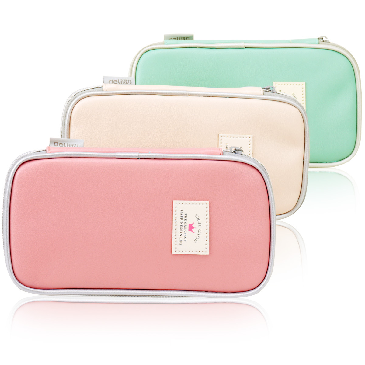 得力31711 双开大容量笔袋 纯色pu创意学生文具袋 铅笔盒