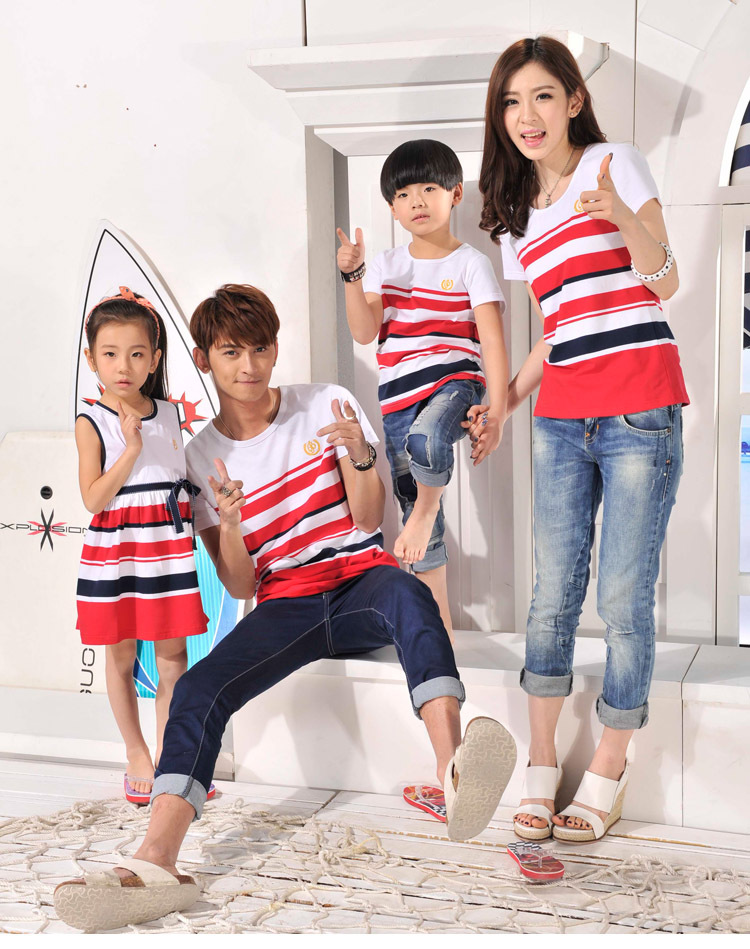 2015新款韩国夏装亲子装 韩版条纹家庭装 短袖母女连衣裙t恤5023