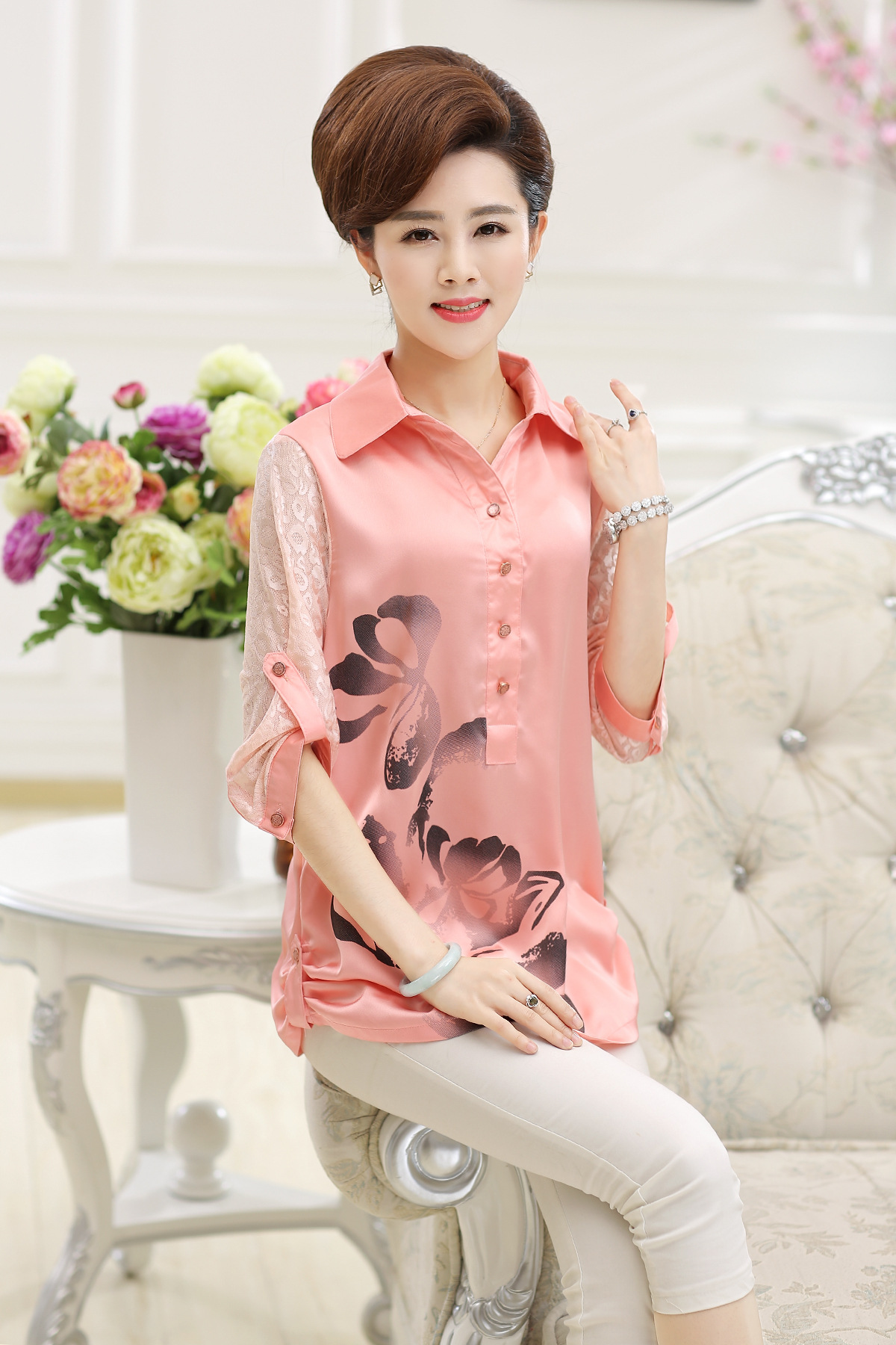 2015夏季新款中老年妈妈装中袖宽松衬衫大码妈妈装中老年女装夏图片_8