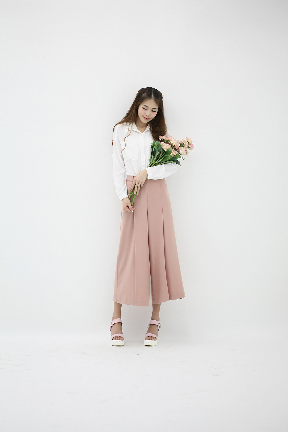 im princess 2015夏高腰宽腿女裙裤休闲阔脚裤 腰带两件套2529