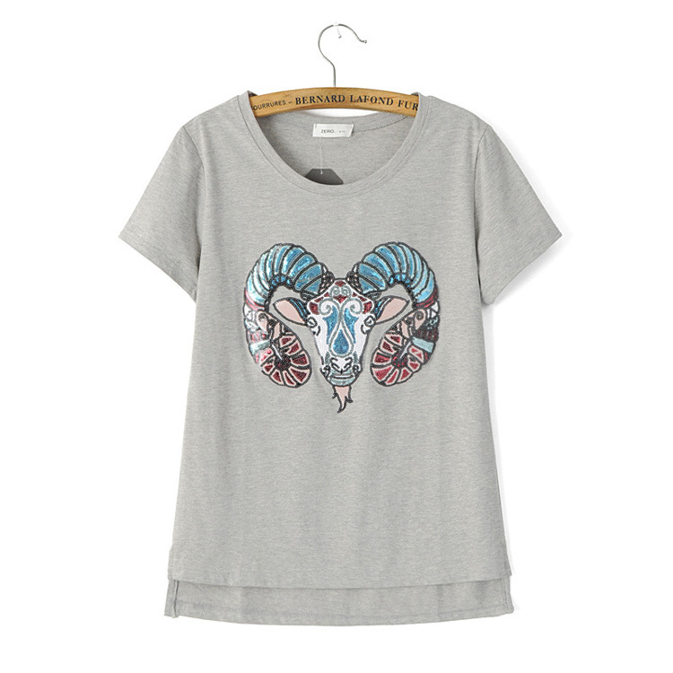 欧美风 羊头亮片短袖t恤批发 9659