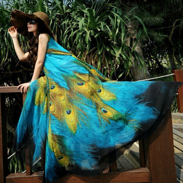 2015波西米亚长裙宽松腰沙滩裙孔雀超大摆显瘦高端雪纺连衣裙夏天