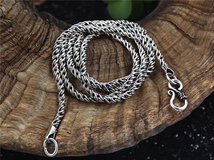 s925纯银泰银手工时尚个性麻绳马鞭项链吊坠毛衣链子男士女