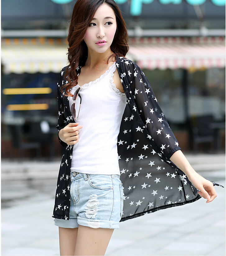 2015夏季爆款韩版女装外套透视中长款星星透气薄款女式防晒衣w24