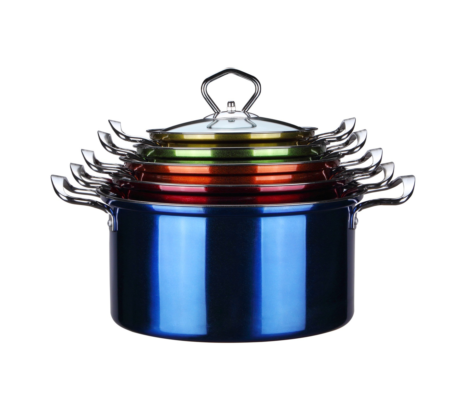 不锈钢直角汤锅5件套装 本色喷色双柄汤煮