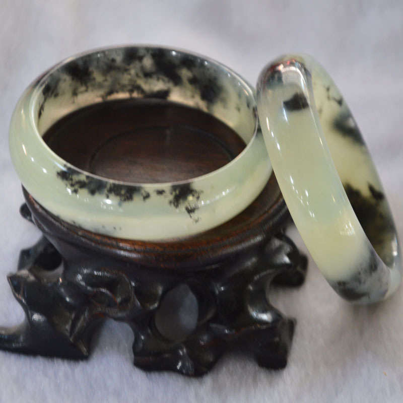 河南南阳天然正品岫玉手镯子岫岩玉石水墨玉飘花手镯54-64mm玉器批发