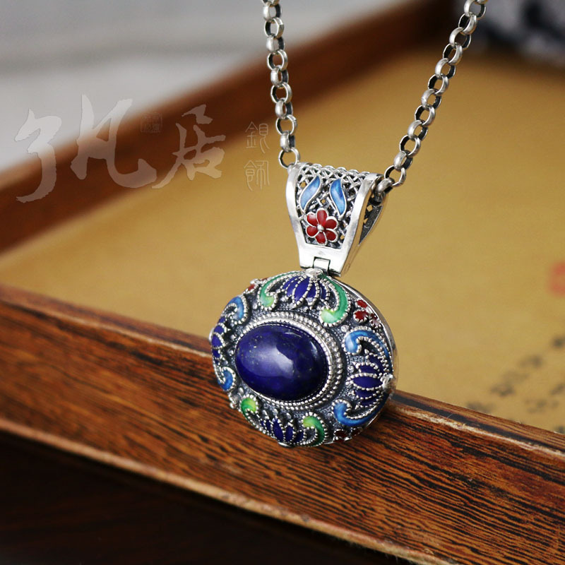 泰银批发 29*38mm莲花图案天然青金石景泰蓝吊坠 毛衣链项坠