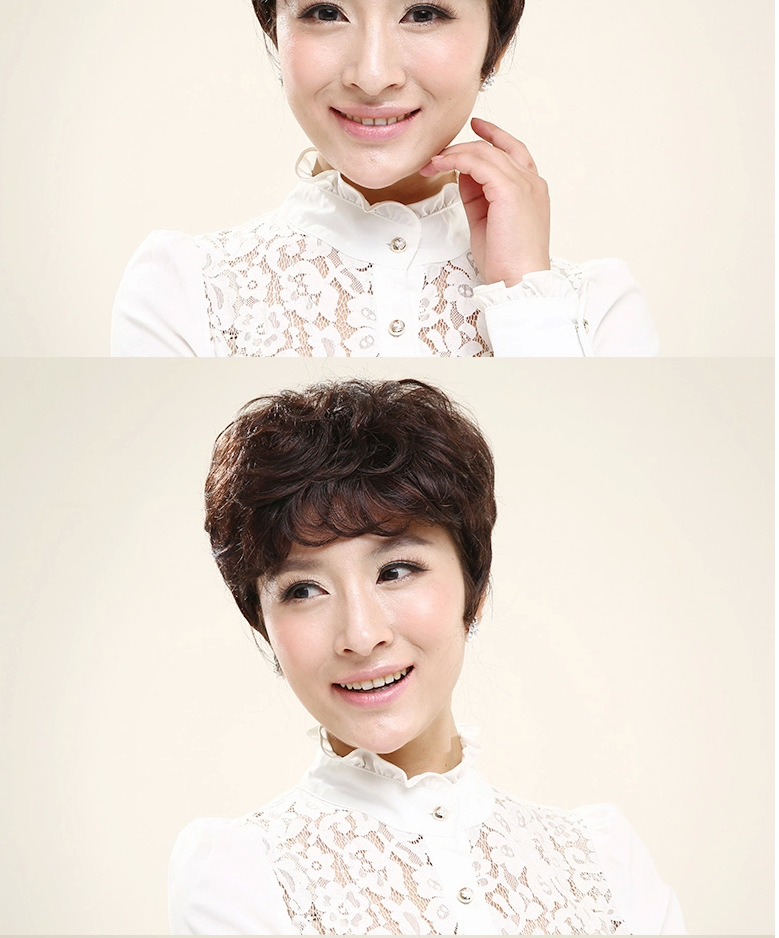 秀儿高端全手织假发真发假发 百搭气质蓬松斜刘海短卷发假发7630