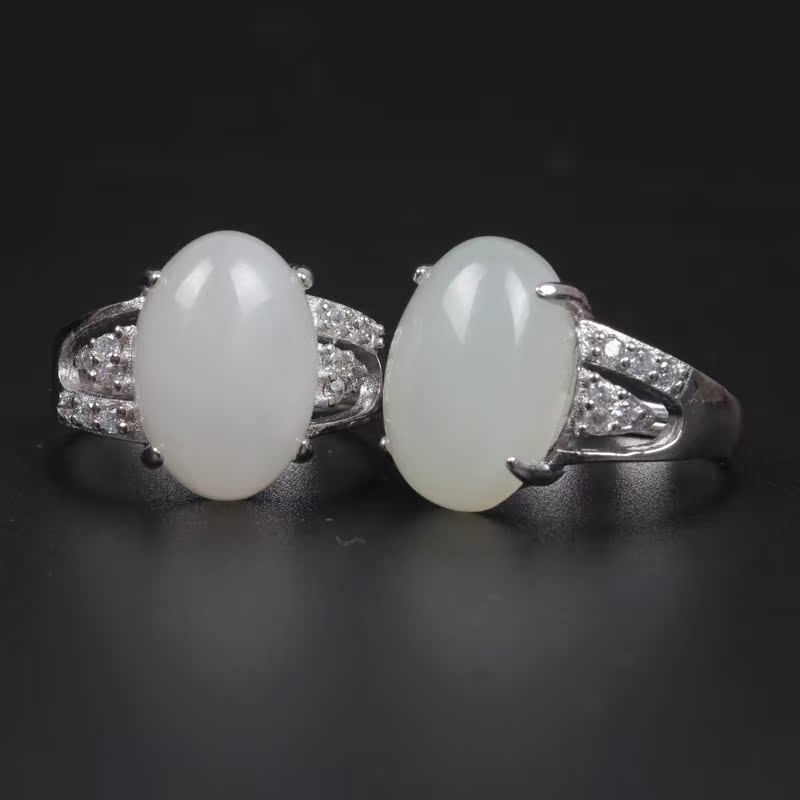 正品天然925银镶嵌新疆和田玉白玉钻戒指精致钻的款是批发