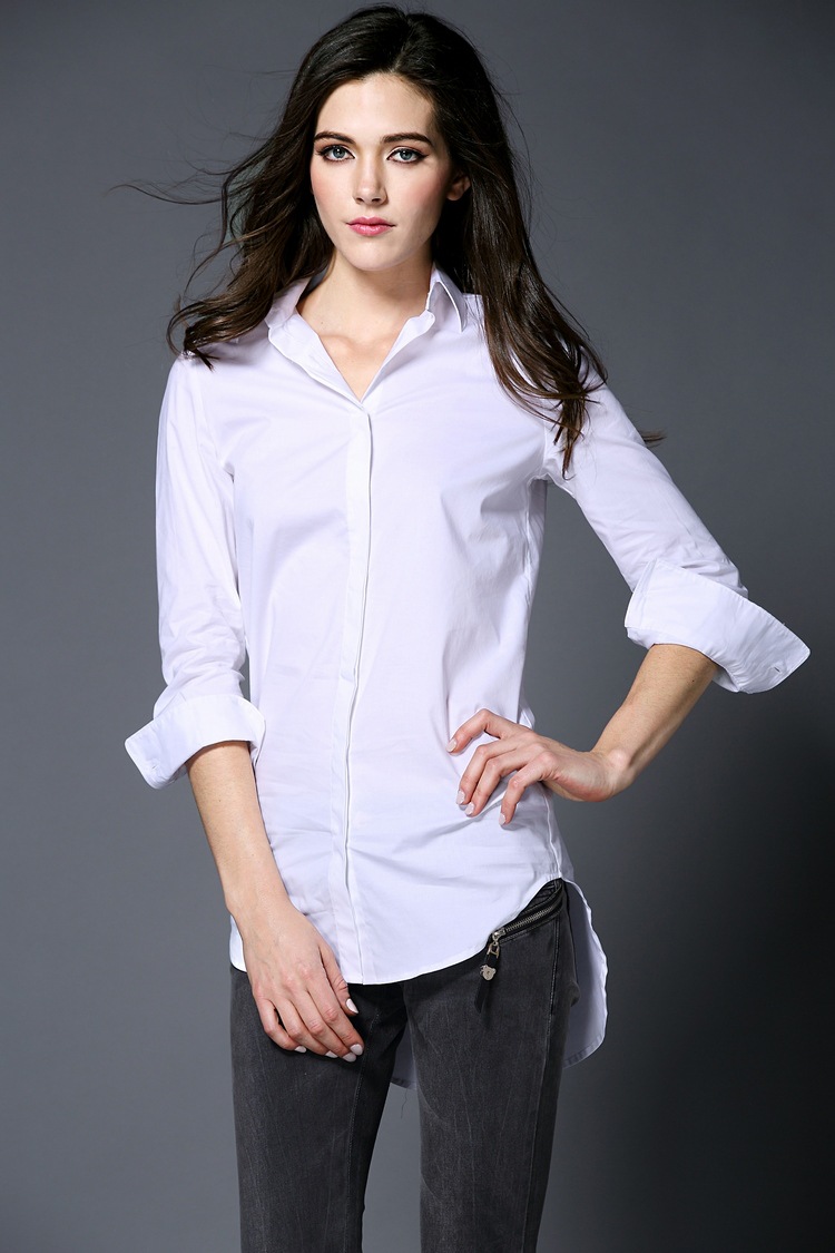 白色衬衫女长袖201春装新款女装韩版ol修身中长款休闲打底衬衣棉