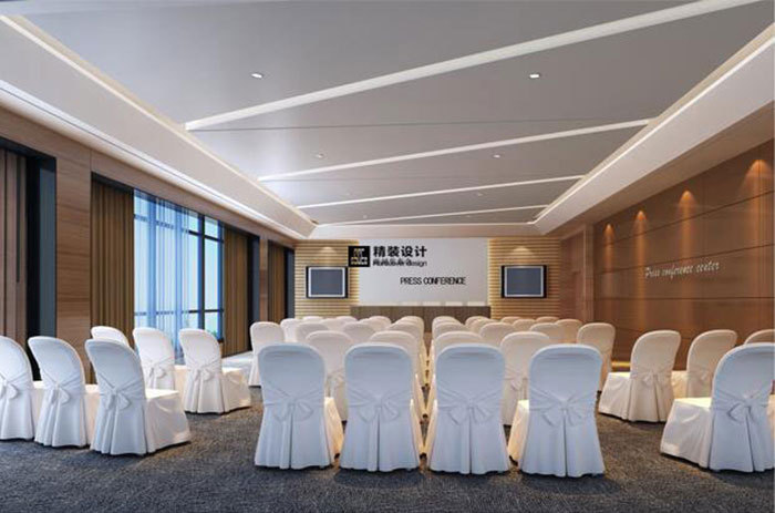 突出会议室简洁明亮的整体效果,材料上顶面运用石膏板造型吊顶配以